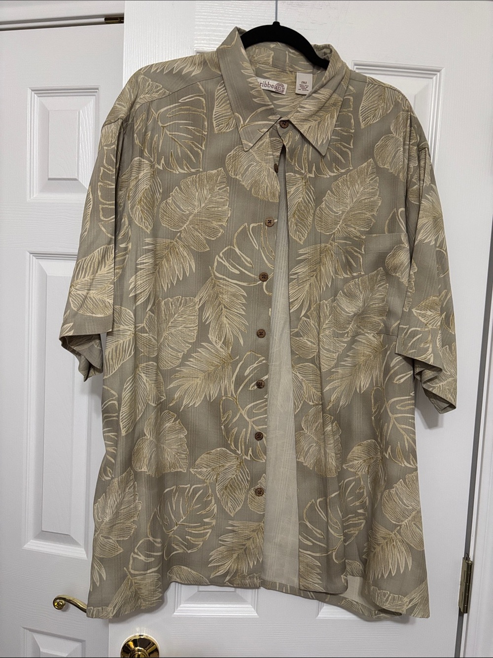 Caribbean Joe Taupe and Cream Tropical Leaf Button-Down Shirt